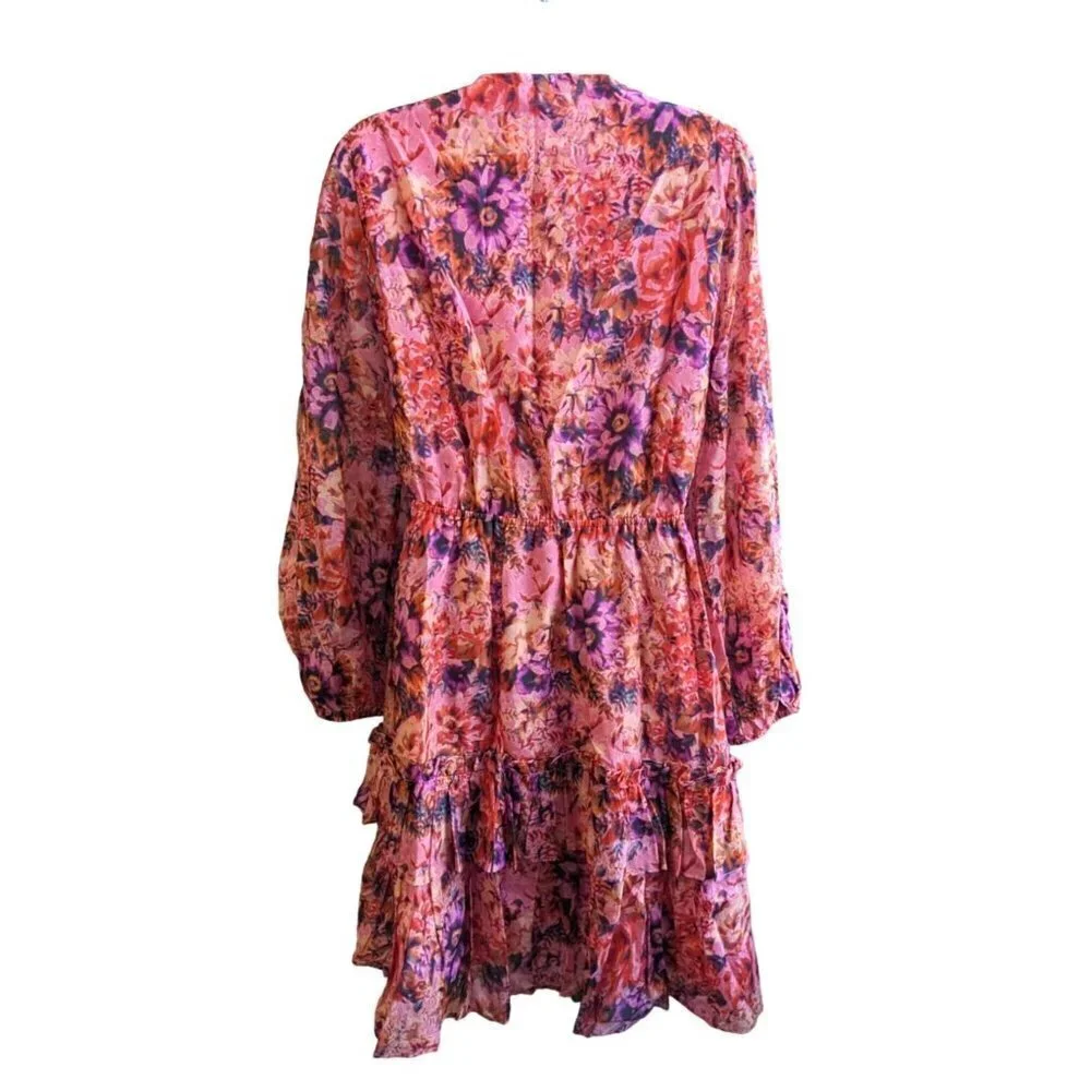 UNGARO Tara Floral Silk Blend Mini Dress PinkPunch Multi w/Beaded Butterfly Sz L - Picture 9 of 10
